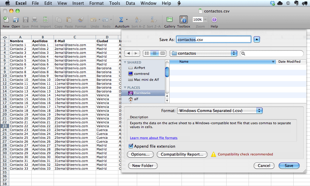 Exportación de documento excel a csv desde la aplicación Microsoft  Excel
