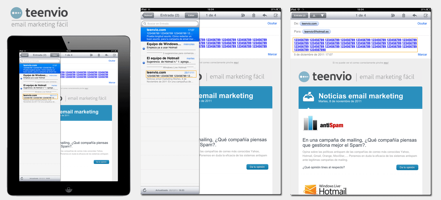 Análisis de espacio y longitud de un asunto de iPad (Tablet) en campañas de email marketing