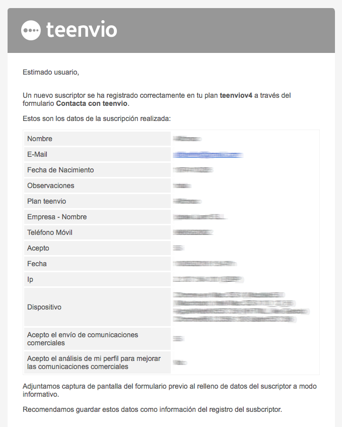 Email justificante de registro RGPD